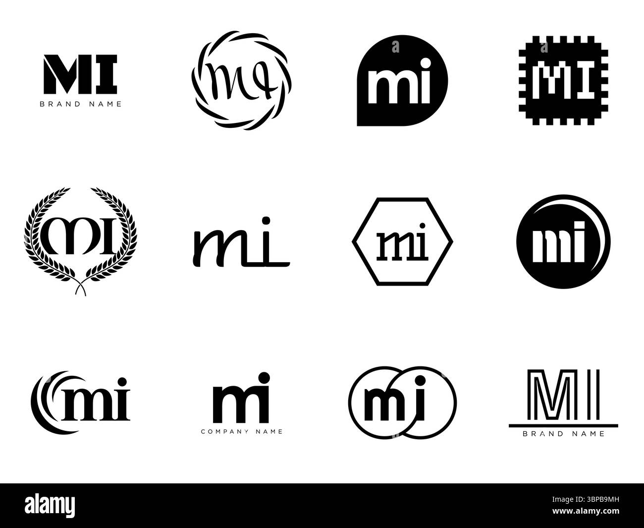 Modello dell'azienda del logo MI. Logotipo M e i. Imposta diverse lettere serif classiche e testo moderno in grassetto con elementi di design. Tipog font iniziale Illustrazione Vettoriale