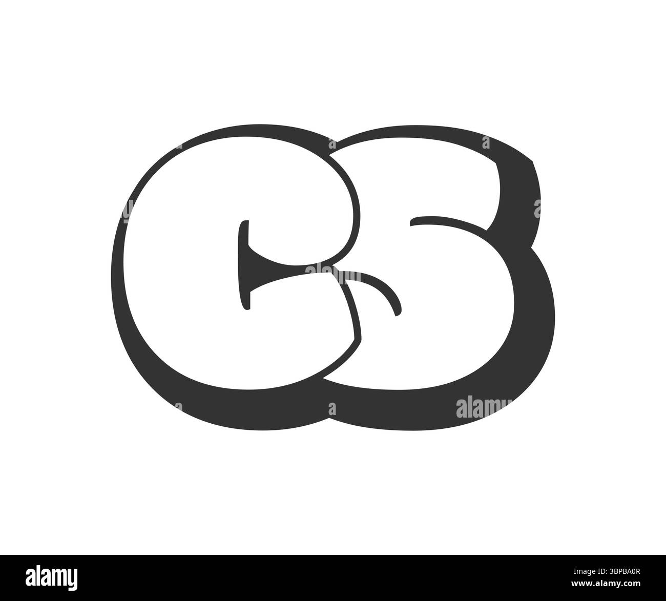 Logo CS, scritta fumettistica a bolle, arrotondata con silhouette in bianco e nero in stile graffiti. Testo delle lettere C e S prescolare alla moda per festa, persona Illustrazione Vettoriale