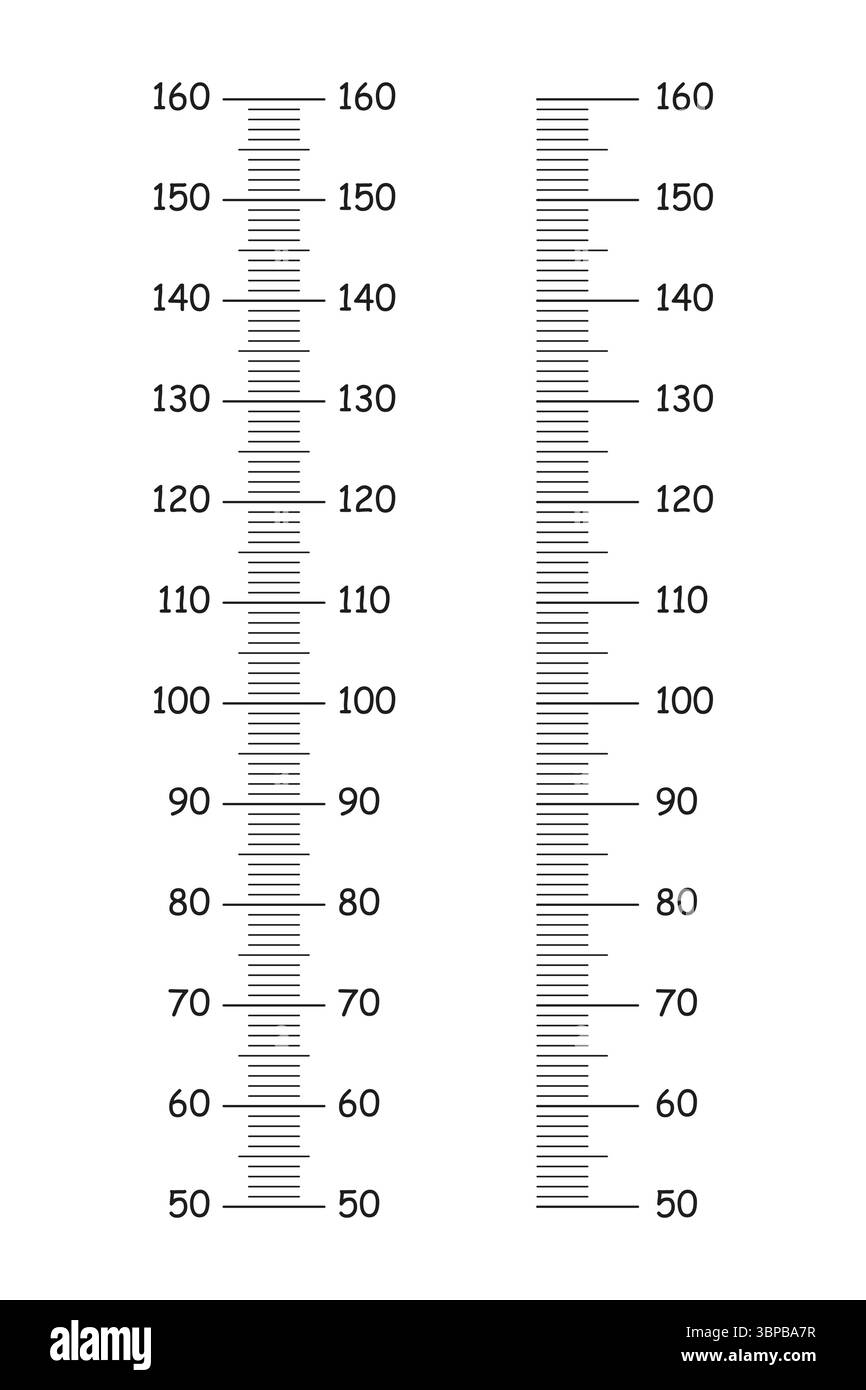 Tabelle altezza bambini da 50 a 160 centimetri. Sagoma per altimetro a parete isolato su sfondo bianco. Metro a parete o righello di crescita. Set di Illustrazione Vettoriale