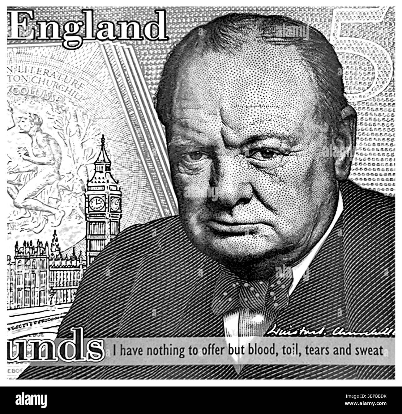 Winston Churchill ritratto 5 sterline Banca d'Inghilterra. Foto Stock