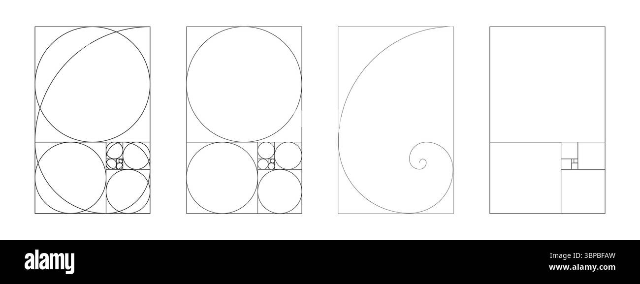 Set di modelli Golden ratio. Equilibrio, armonia proporzioni. Sezione dorata. Matrice Fibonacci, numeri. Illustrazione vettoriale delineata. Illustrazione Vettoriale