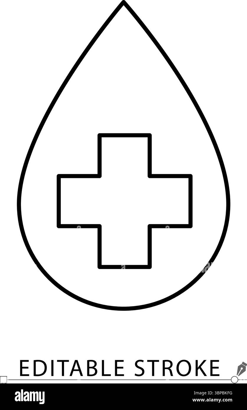 Un'icona a goccia di sangue in stile minimalista con tratto modificabile. Simbolo medico, concetto di donazione, assistenza sanitaria, aiuti di emergenza, elemento trasfusionale Illustrazione Vettoriale