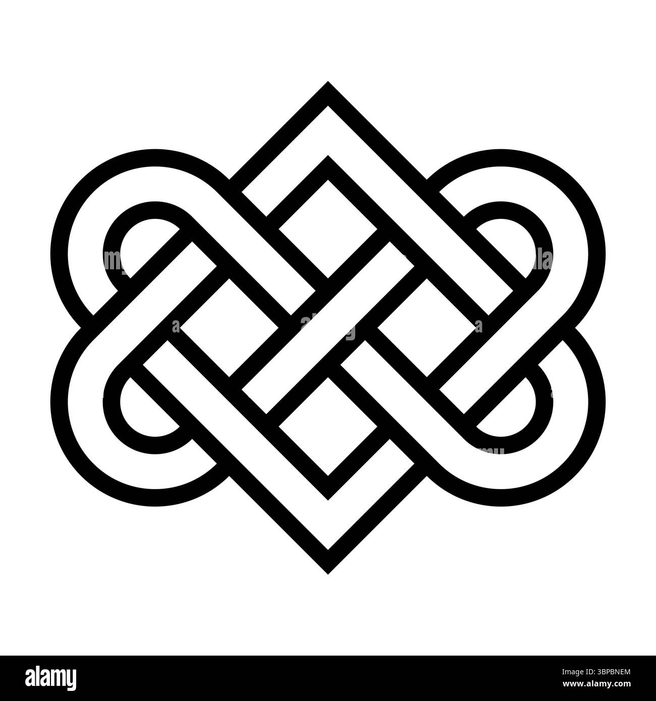 Schema del nodo dell'amore celtico. Linea singola che forma due cuori, senza cuciture interlacciate in un loop senza inizio e senza fine Foto Stock