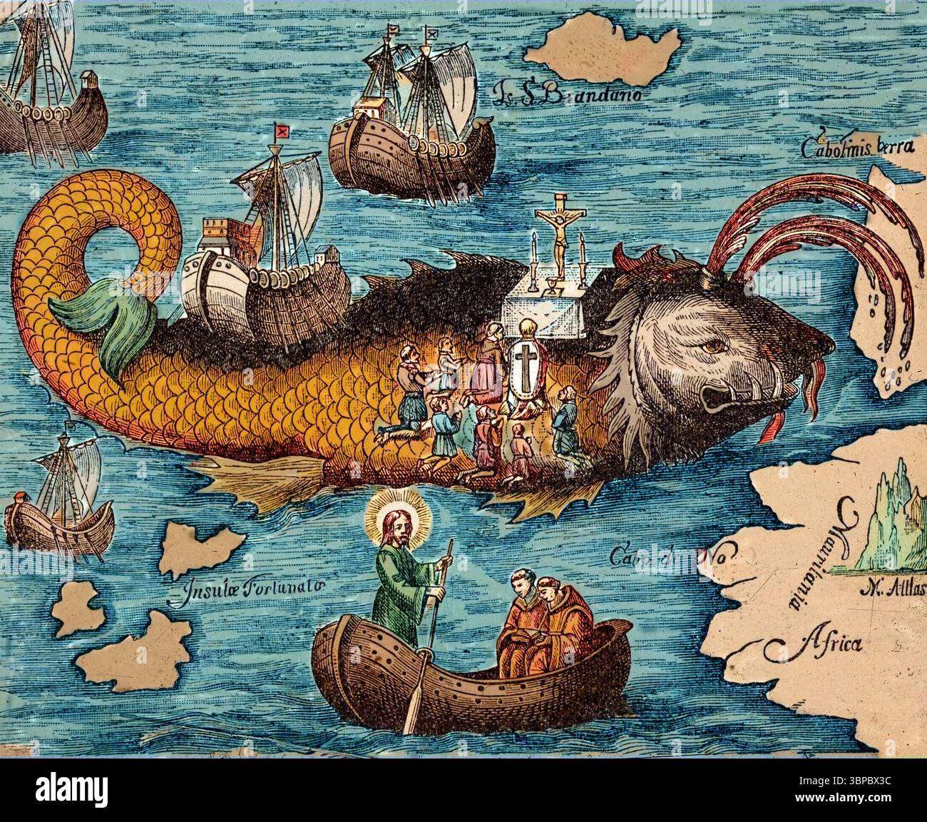 San Brendano e la balena - Brendan di Clonfert (c. 484 – c. 577) - San Brendano (Brandan), incisione da 'Nova Tipus Transacto Navigatio Novi Orbi' di Filopono Onorio, 1621. Foto Stock