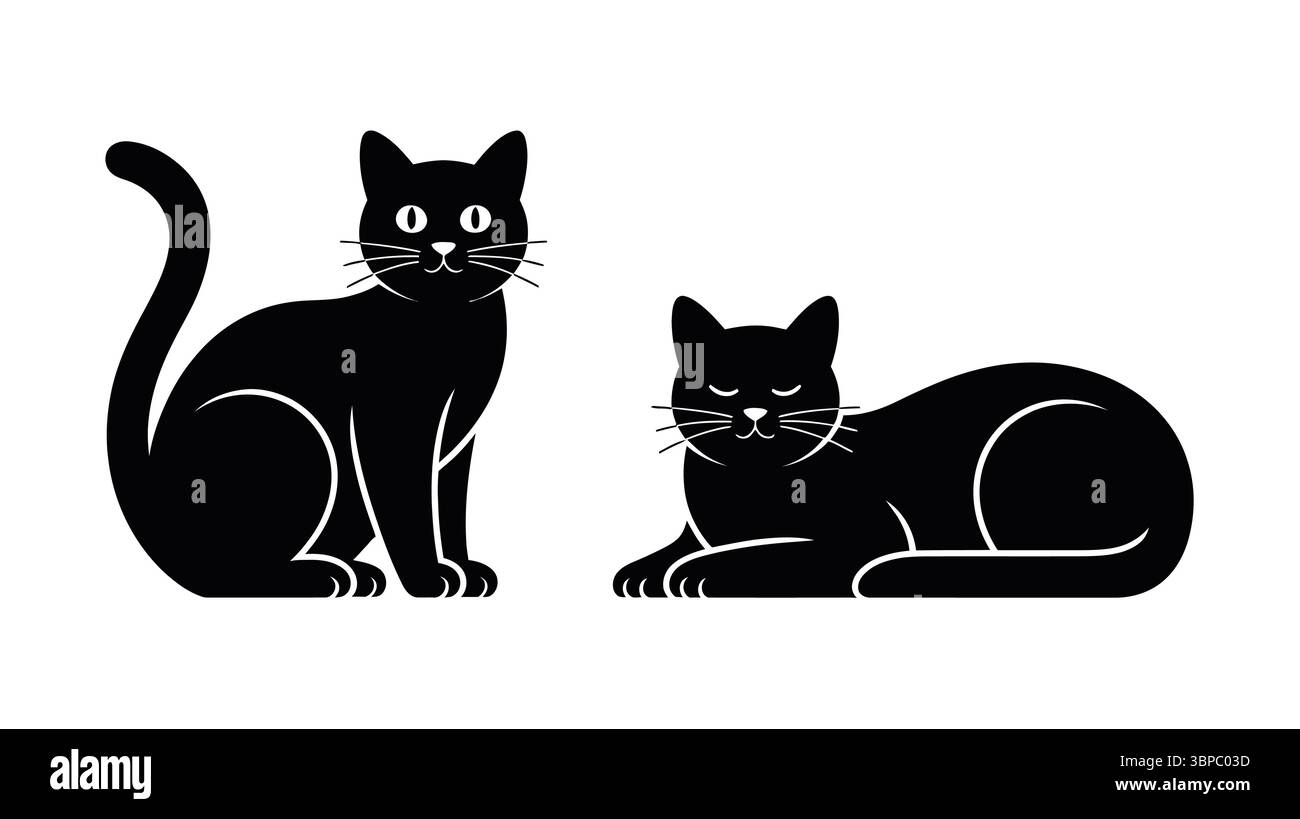 Due gatti neri uno seduto e uno sdraiato su uno sfondo bianco in un'immagine in stile cartone animato Illustrazione Vettoriale