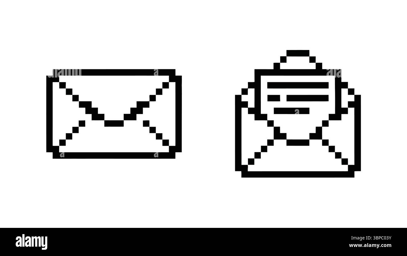 Due buste pixellate, una chiusa e una aperta con una lettera visibile su un'immagine di sfondo bianco Illustrazione Vettoriale Due buste pixellate, una chiusa e una aperta con una lettera visibile su un'immagine di sfondo bianco Illustrazione Vettoriale