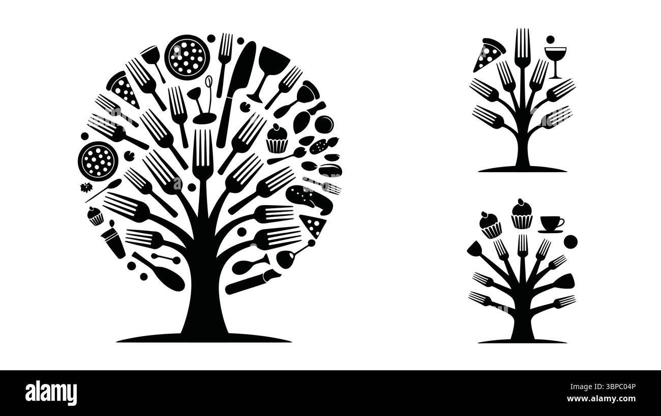 Tre alberi fatti di forchette e prodotti alimentari in bianco e nero illustrativo su sfondo bianco Illustrazione Vettoriale