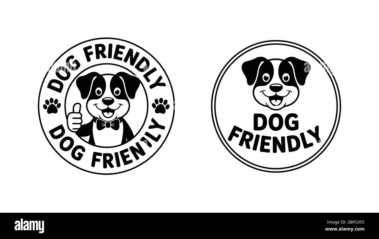 Due etichette per cani con cani da cartone animato in bianco e nero su sfondo bianco in una grafica vettoriale Illustrazione Vettoriale