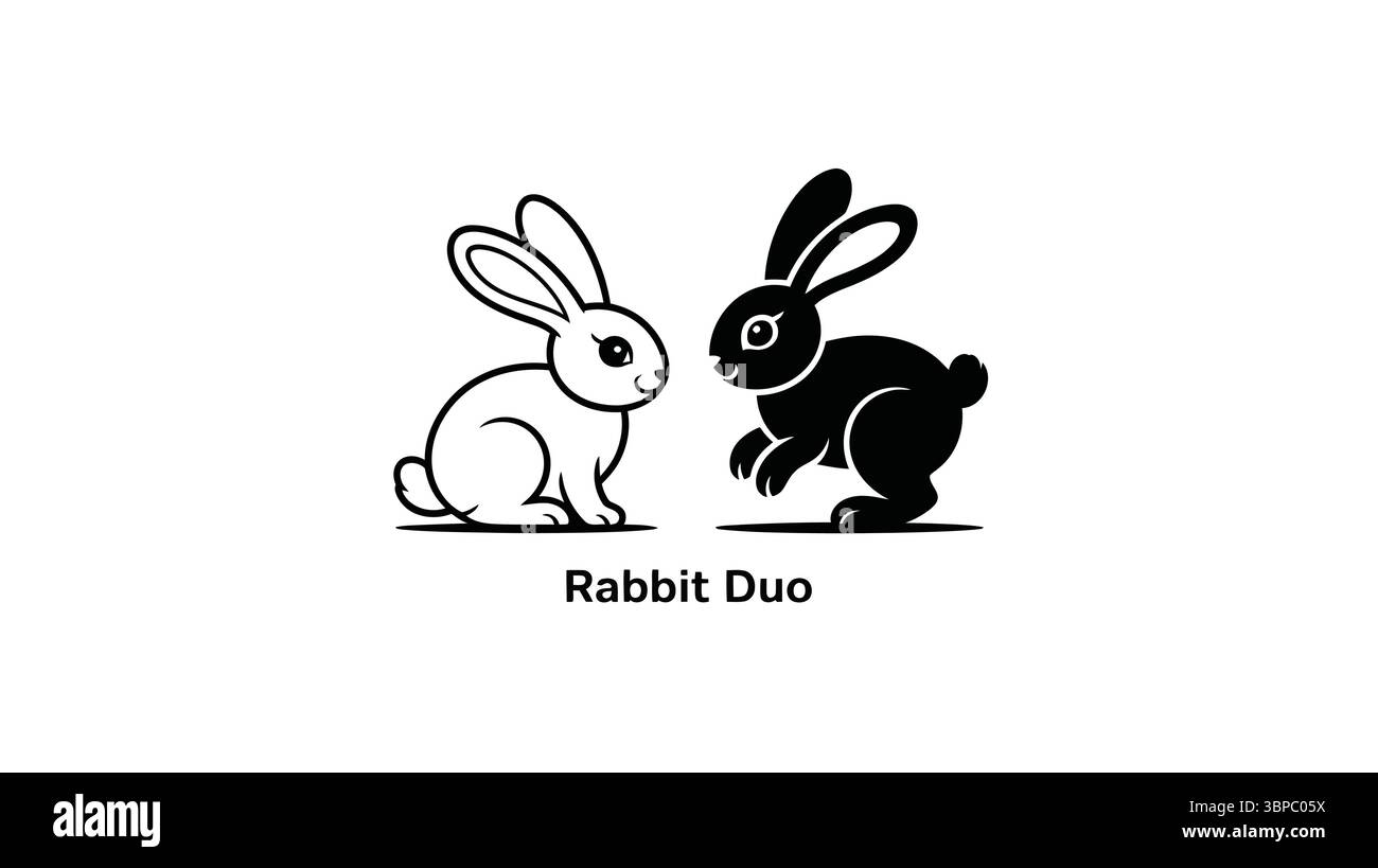 Un'illustrazione in bianco e nero che mostra un coniglio dettagliato e una silhouette di coniglio su sfondo bianco Illustrazione Vettoriale