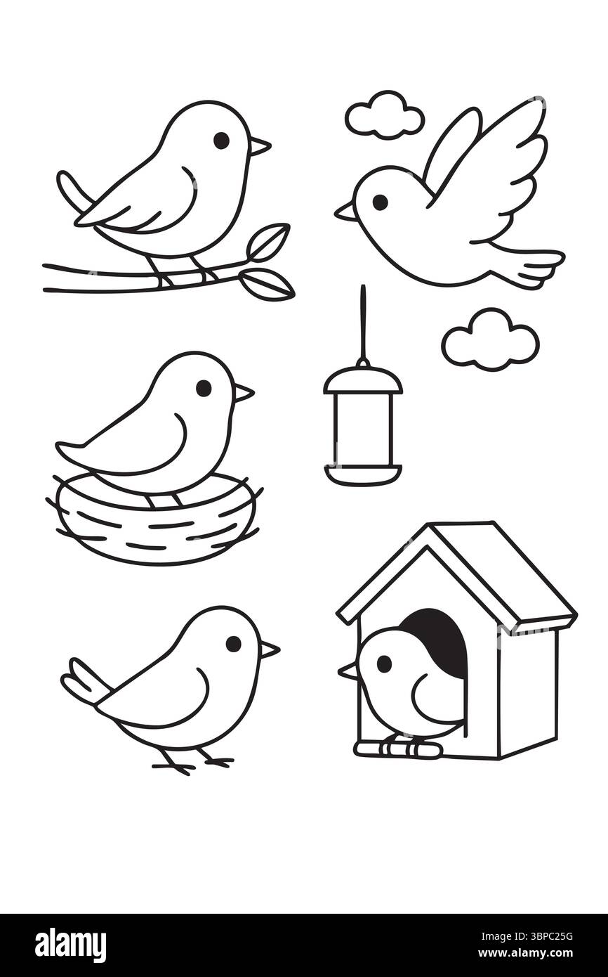 Uccelli carini a Nest Feeder e Birdhouse Illustrazione Vettoriale