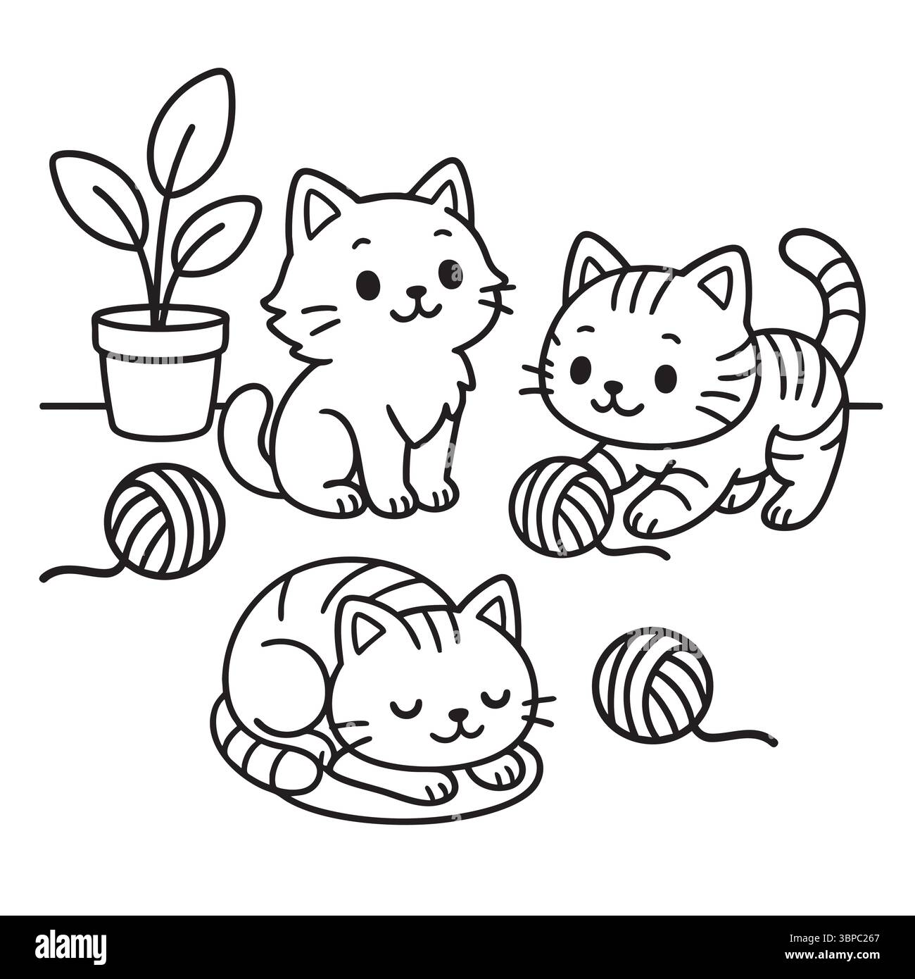 Simpatici gattini che giocano e dormono con Yarn Illustrazione Vettoriale