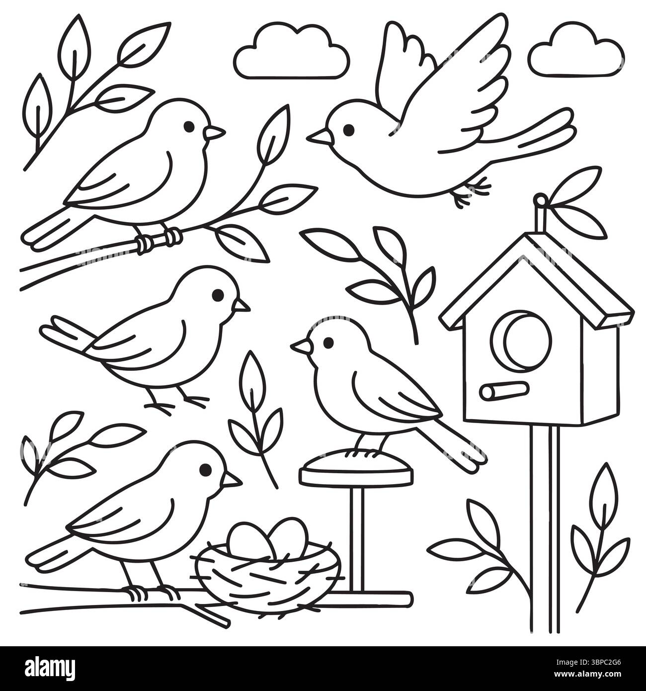 Uccelli che nidificano e volano intorno a Birdhouse Illustrazione Vettoriale