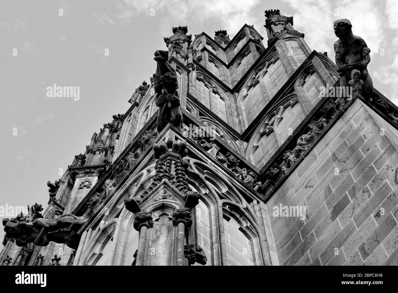 I gargoyle e le decorazioni in pietra incoronano la cattedrale di Colonia, mostrati in bianco e nero dal basso, rivelando linee gotiche, giochi d'ombra e presenza epica. Foto Stock