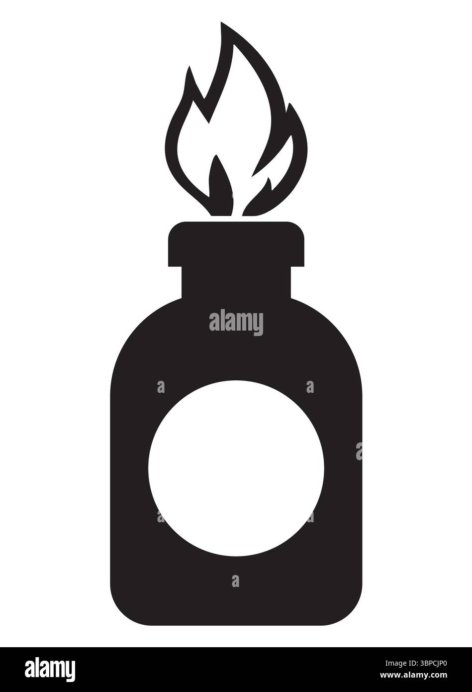 Un'impressionante silhouette nera di una bottiglia che emette fiamme, che rappresenta la sicurezza antincendio e i pericoli. Ideale per l'uso in segnaletica di sicurezza e materiale didattico Illustrazione Vettoriale