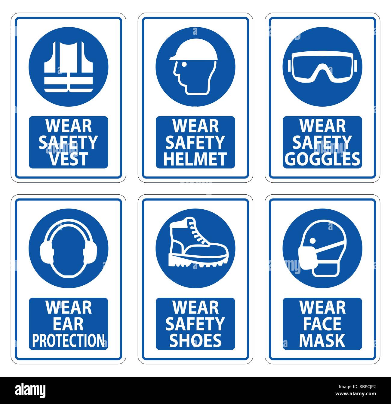 Una raccolta di segnali di sicurezza che sottolineano gli elementi di protezione essenziali per la sicurezza sul luogo di lavoro, compresi giubbotti, caschi, occhiali di protezione, protezioni per le orecchie, scarpe, e. Illustrazione Vettoriale