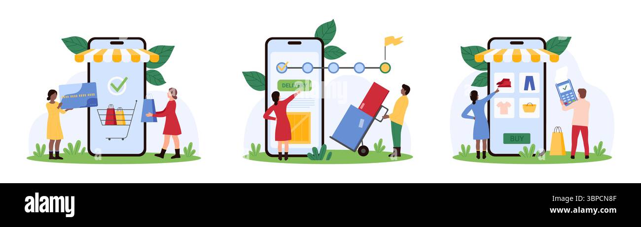 Monitoraggio dei pagamenti e delle consegne per gli acquisti online in un set di app per dispositivi mobili. I piccoli clienti controllano lo stato dell'ordine sullo schermo dello smartphone, tenendo in mano la carta di credito, il terminale POS e l'illustrazione vettoriale dei cartoni animati delle borse Illustrazione Vettoriale