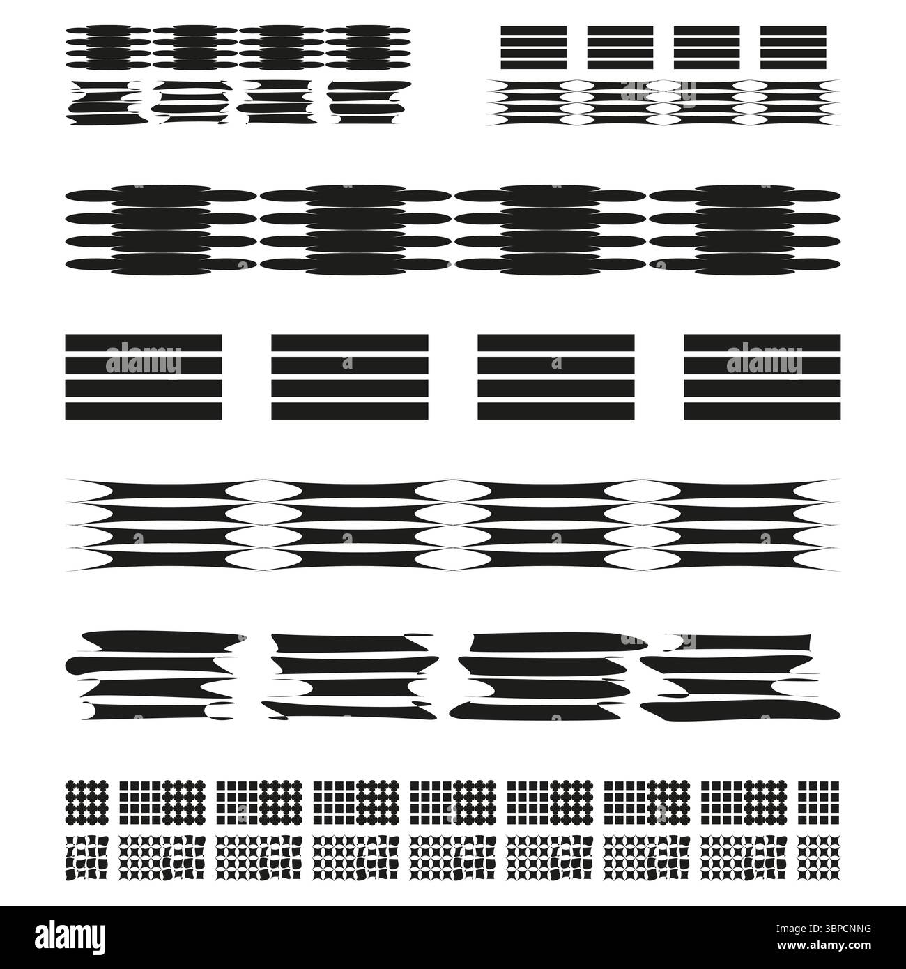 Set di barre a strisce. Ripetizione blocco linea. Dash Vector denso. Grafica a griglia minima. Illustrazione Vettoriale