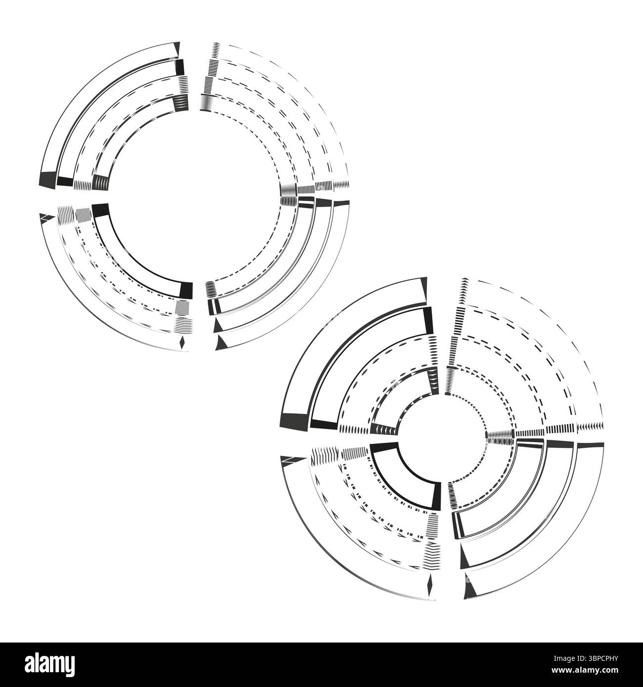 Elementi circolari astratti. Forme ad anello segmentate. Grafica hud della tecnologia. Componente interfaccia vettoriale. Illustrazione Vettoriale