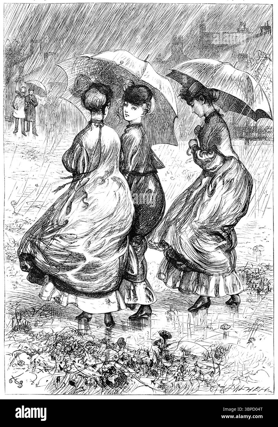 Incisione di tre donne dell'epoca vittoriana catturate nella pioggia, pubblicata nel 1865 Foto Stock