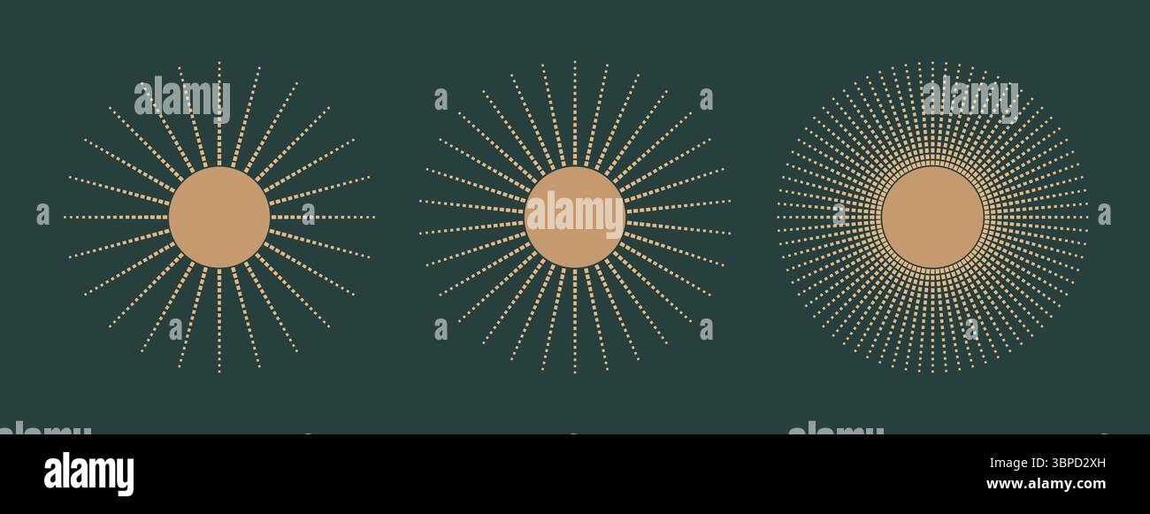 Lussuose cornici tonde con mezzitoni e cerchio sfumato. Scoppio di sole bohémien vintage, raggi di radiah punteggiati, illustrazioni vettoriali di fagioli per logo e design. Illustrazione Vettoriale