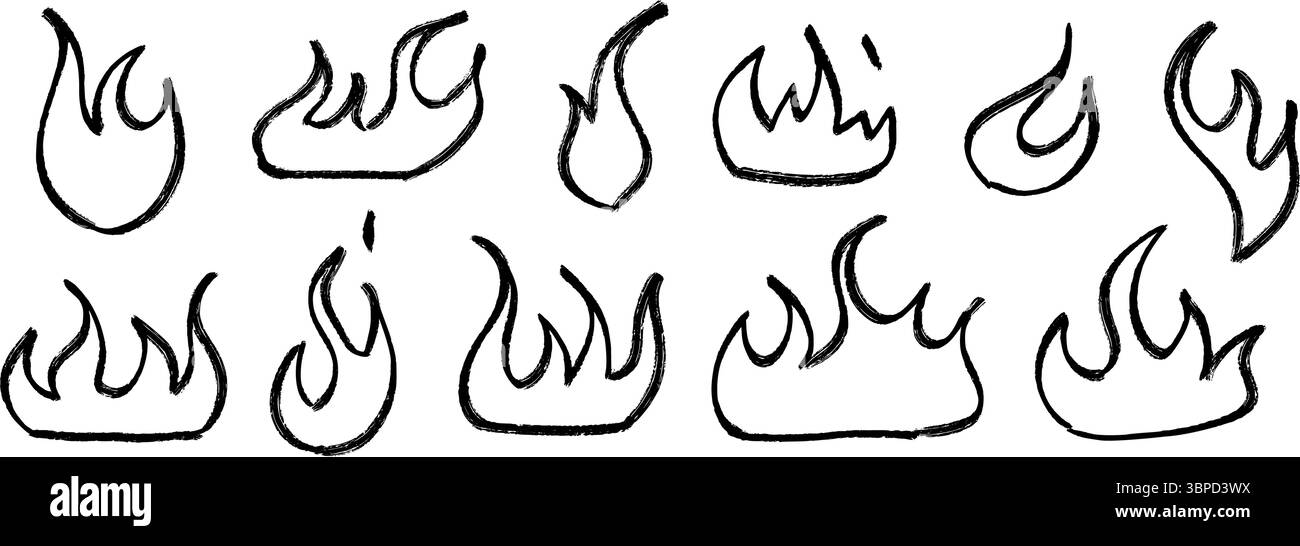 Set di forme tagliafuoco disegnate a mano. Collezione di fiamma bruciate disegnata dal pastello. Confezione di elementi grunge in gesso nero. Pacchetto di doodle a matita pastello per collage, adesivi, poster, striscioni. Illustrazione vettoriale Illustrazione Vettoriale