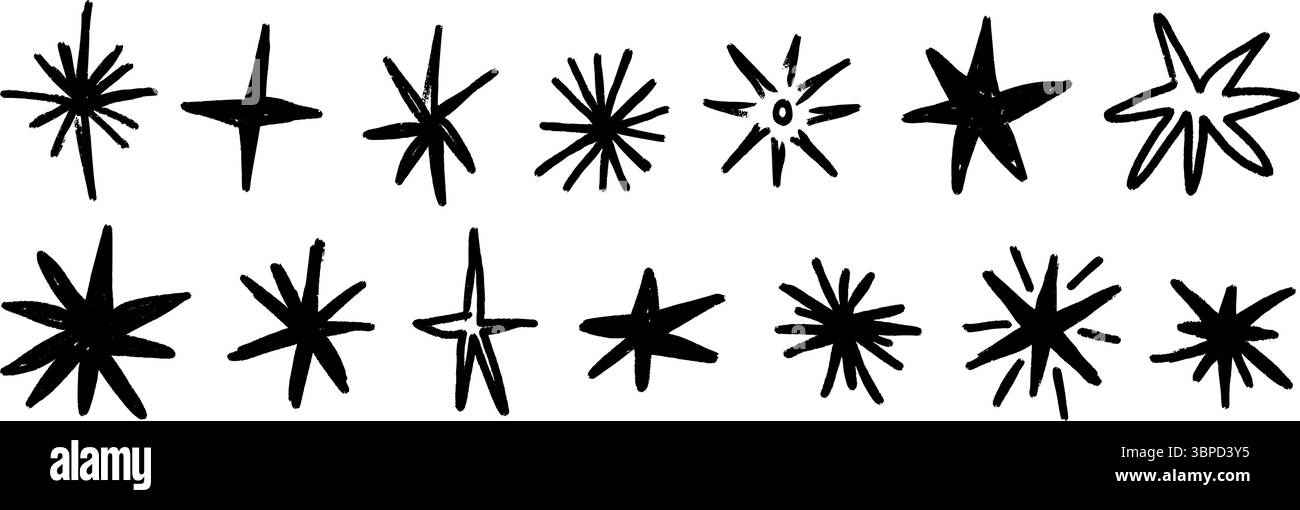 Set di stelle disegnate a mano in pastello nero. Raccolta di scintille e scintille per bambini. Set di elementi lucidi per pennello ruvido grunge per collage, poster, adesivi. Simboli del sole disegnati a matita. Vettore Illustrazione Vettoriale
