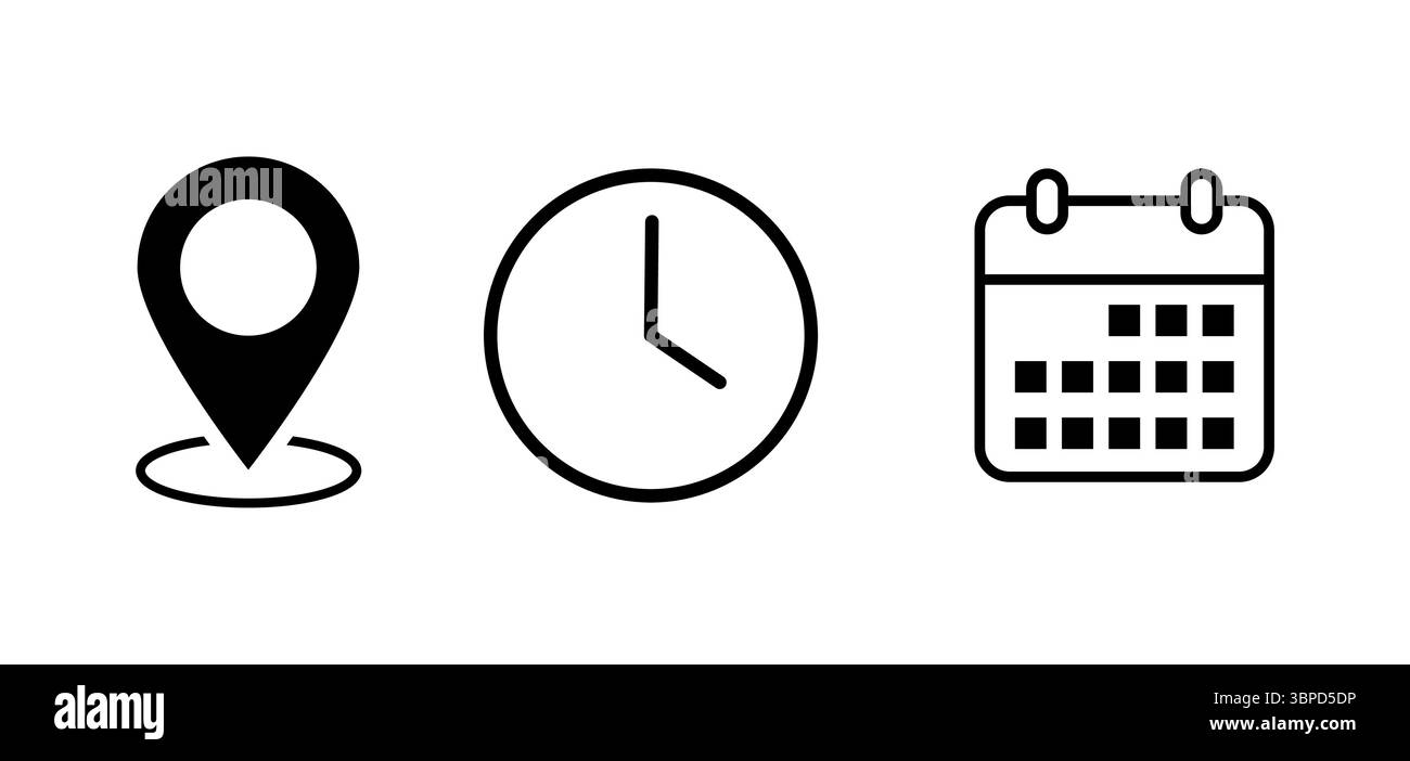 Icone del calendario dell'orario del luogo impostate per la pianificazione dell'evento, i promemoria degli appuntamenti programmati, le date, i simboli dei luoghi, il programma delle nozze, icone dell'orologio e della mappa Illustrazione Vettoriale