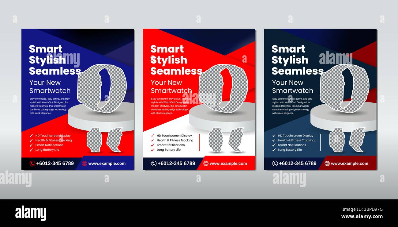 Modelli promozionali chiari e audaci per gli annunci di smartwatch. Ideale per vetrine di prodotti, marketing di dispositivi tecnologici o post di negozi online. Illustrazione Vettoriale