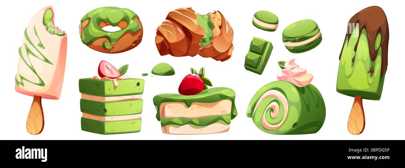Set di dessert Matcha - torte aromatizzate al tè verde, ciambelle, croissant, macaron, papaveri e barrette di cioccolato con condimenti di fragole. Dolci giapponesi preparati per menu di panetteria e giochi di pasticceria. Illustrazione Vettoriale