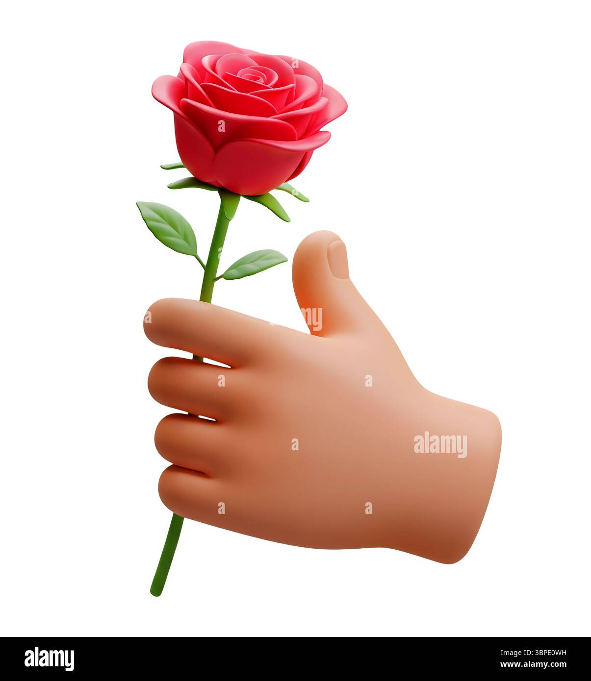 Mano che regge un rendering 3D minimalista con una rosa rossa singola in un rendering morbido e liscio Foto Stock