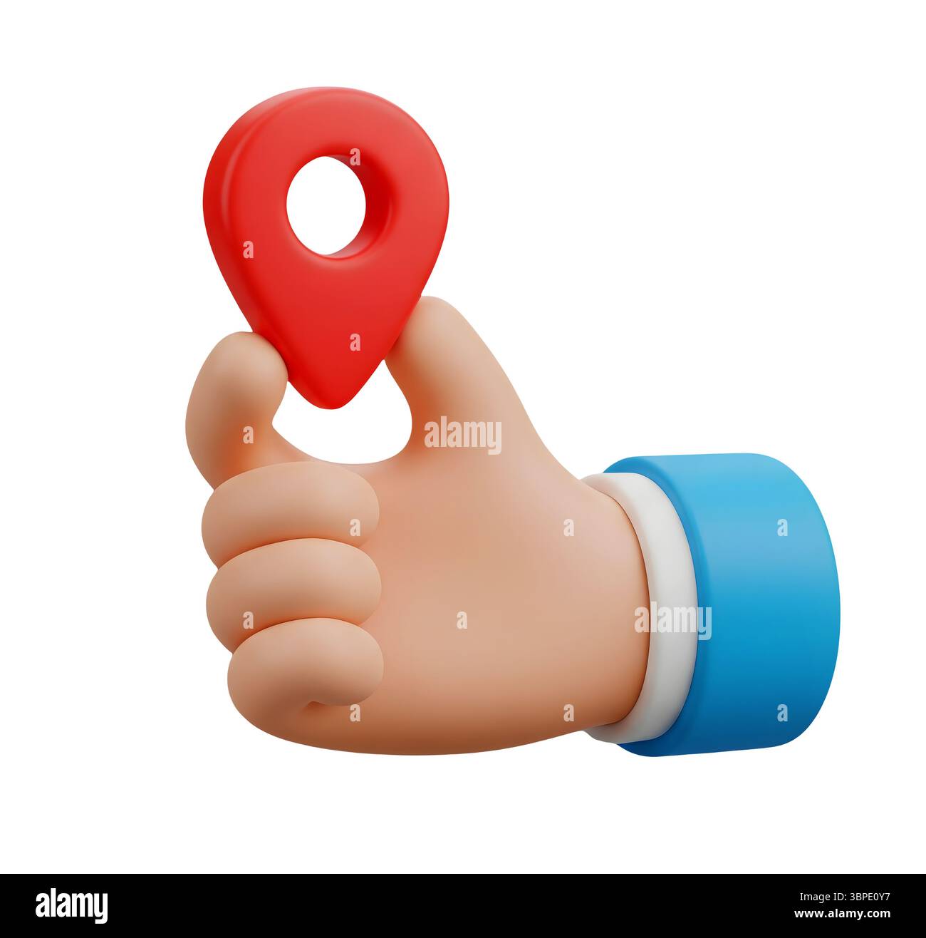 Mano che regge un pin di posizione della mappa Rendering 3D minimalista in un Renderer morbido e uniforme Foto Stock
