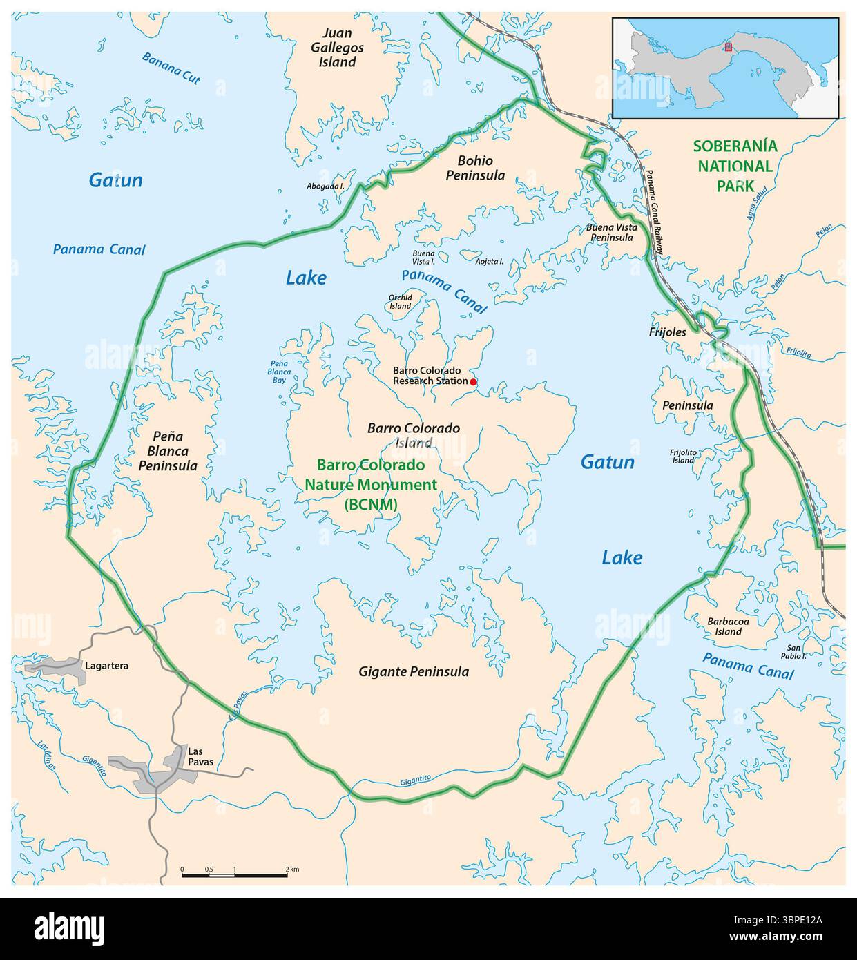 Mappa del Barro Colorado Nature Monument nel lago Gatun, Panama Foto Stock