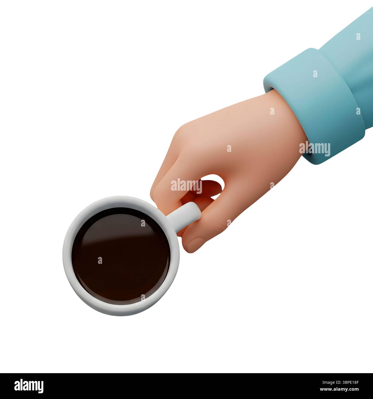Mano che regge una tazza di caffè Vista dall'alto il rendering 3D minimalista in un Renderer morbido e liscio Foto Stock