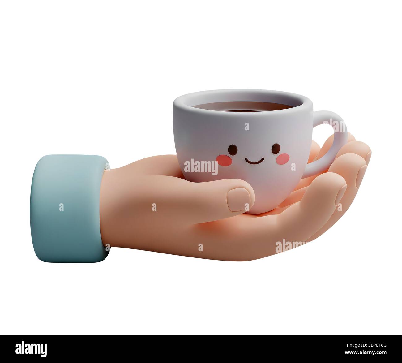 Mano che regge una tazza di caffè Rendering 3D minimalista in un Renderer morbido e liscio Foto Stock