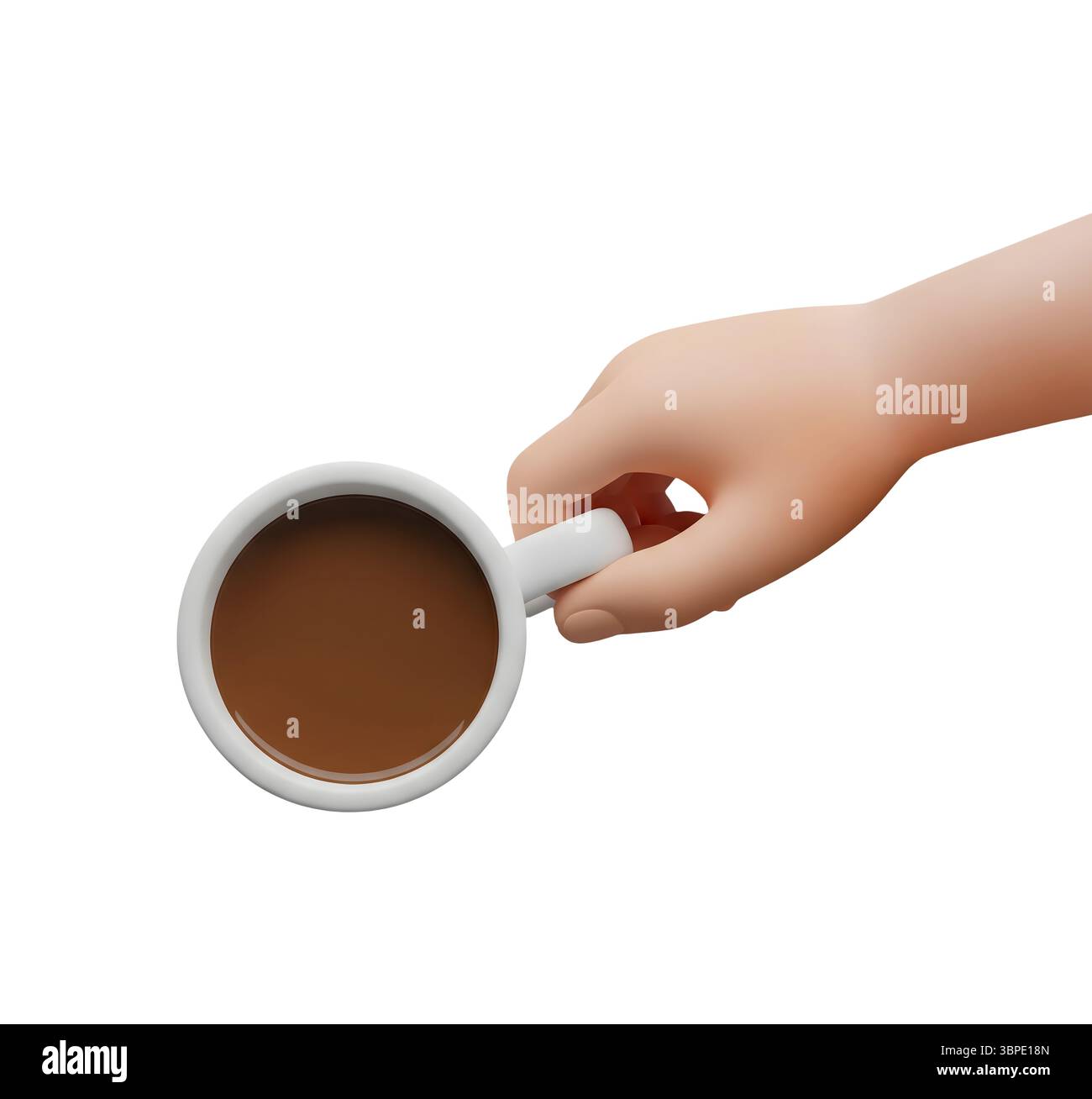 Mano che regge una tazza di caffè Vista dall'alto il rendering 3D minimalista in un Renderer morbido e liscio Foto Stock