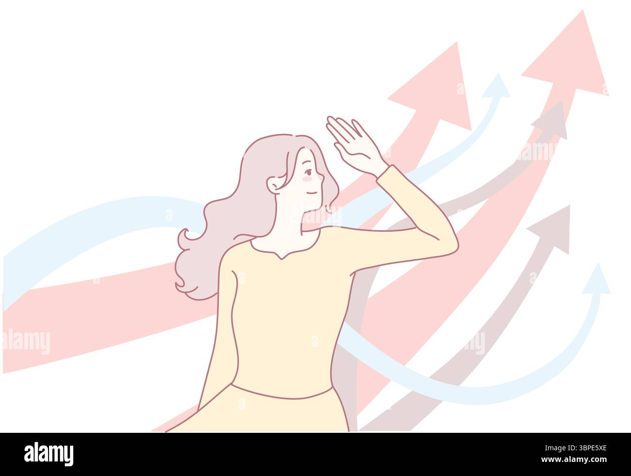 Una donna è in piedi con fiducia, circondata da frecce e onde che simboleggiano la crescita, lo sviluppo e il progresso Illustrazione Vettoriale