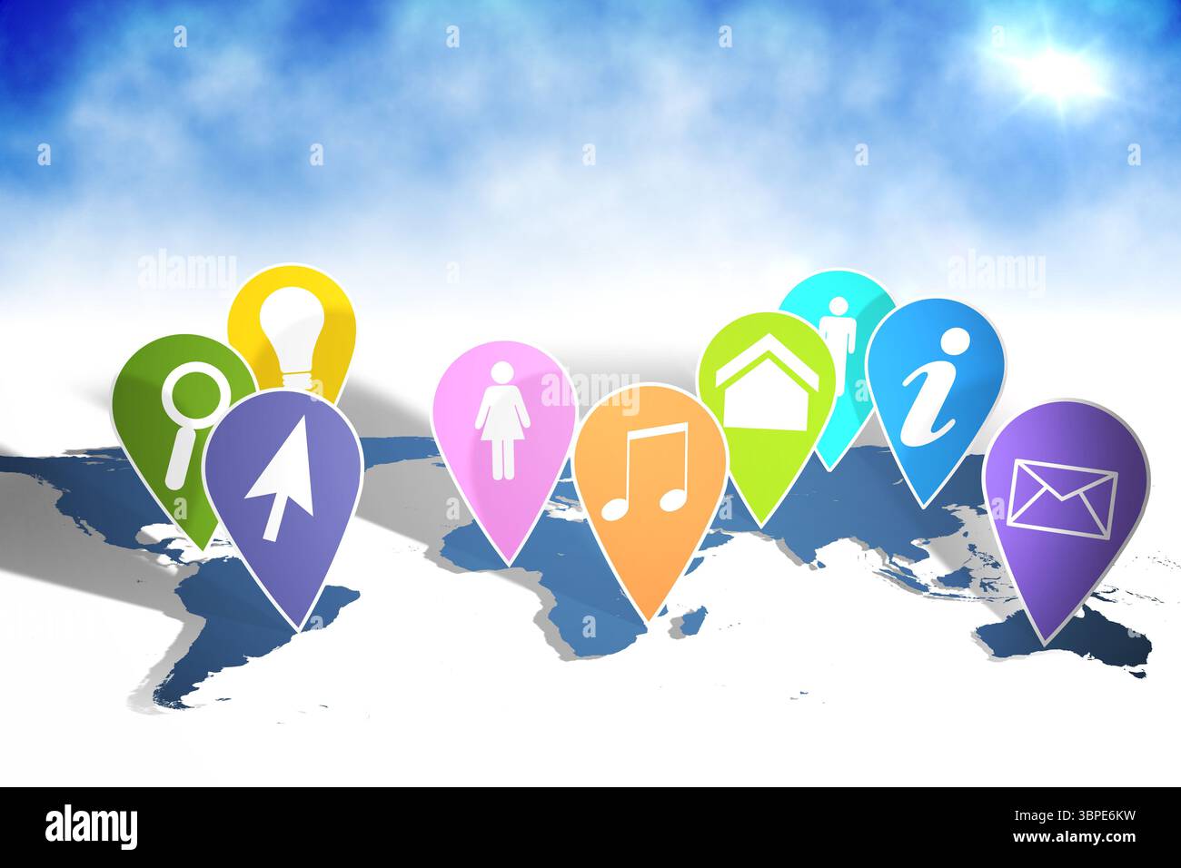 Nove spille colorate fluttuano sopra una mappa del mondo blu con cielo sfumato Foto Stock