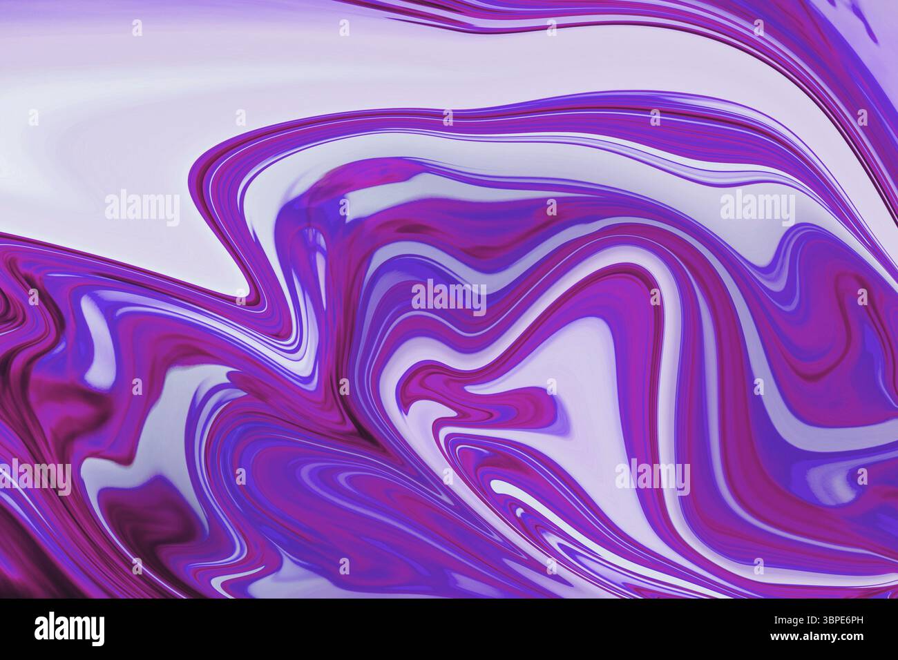 Il motivo grafico fluido astratto scorre nell'illustrazione digitale, con onde viola e bianche vorticose Foto Stock