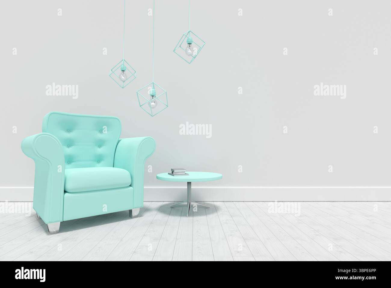 Decorazioni sospese su poltrona turchese e tavolo contro le pareti Foto Stock