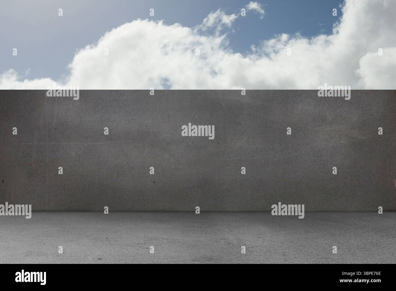 L'illustrazione dal design piatto mostra un muro di riunione in calcestruzzo grigio sotto il cielo blu, spazio di copia Foto Stock