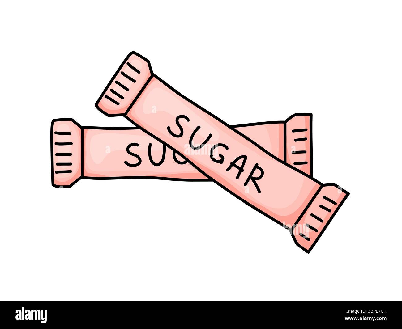 Semplice illustrazione disegnata a mano con due confezioni di zucchero in una tenue tonalità rosa. Grafica digitale versatile, perfetta per progetti correlati Illustrazione Vettoriale