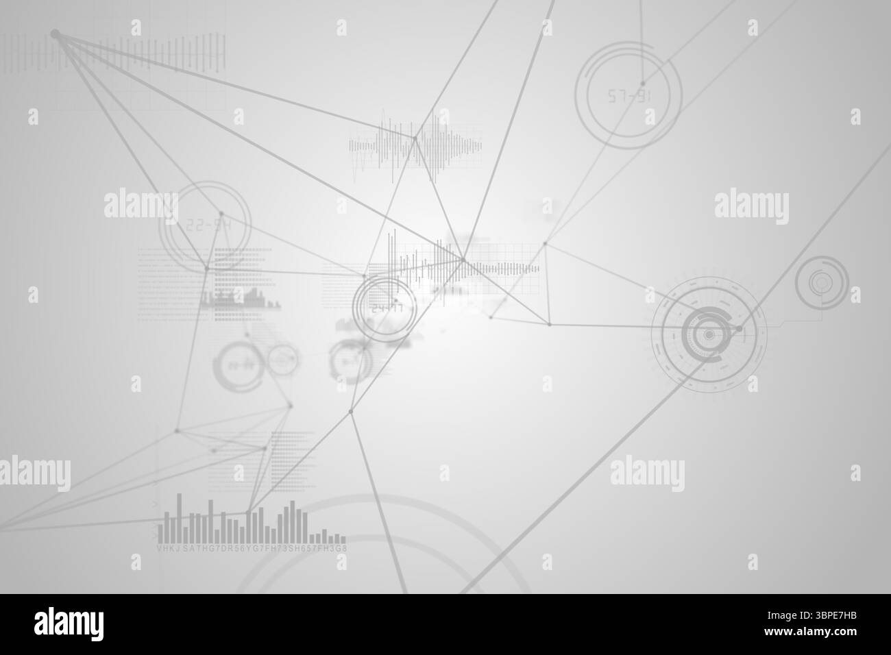 La visualizzazione astratta della rete mostra uno stile piatto con nodi circolari, forme d'onda e istogramma Foto Stock