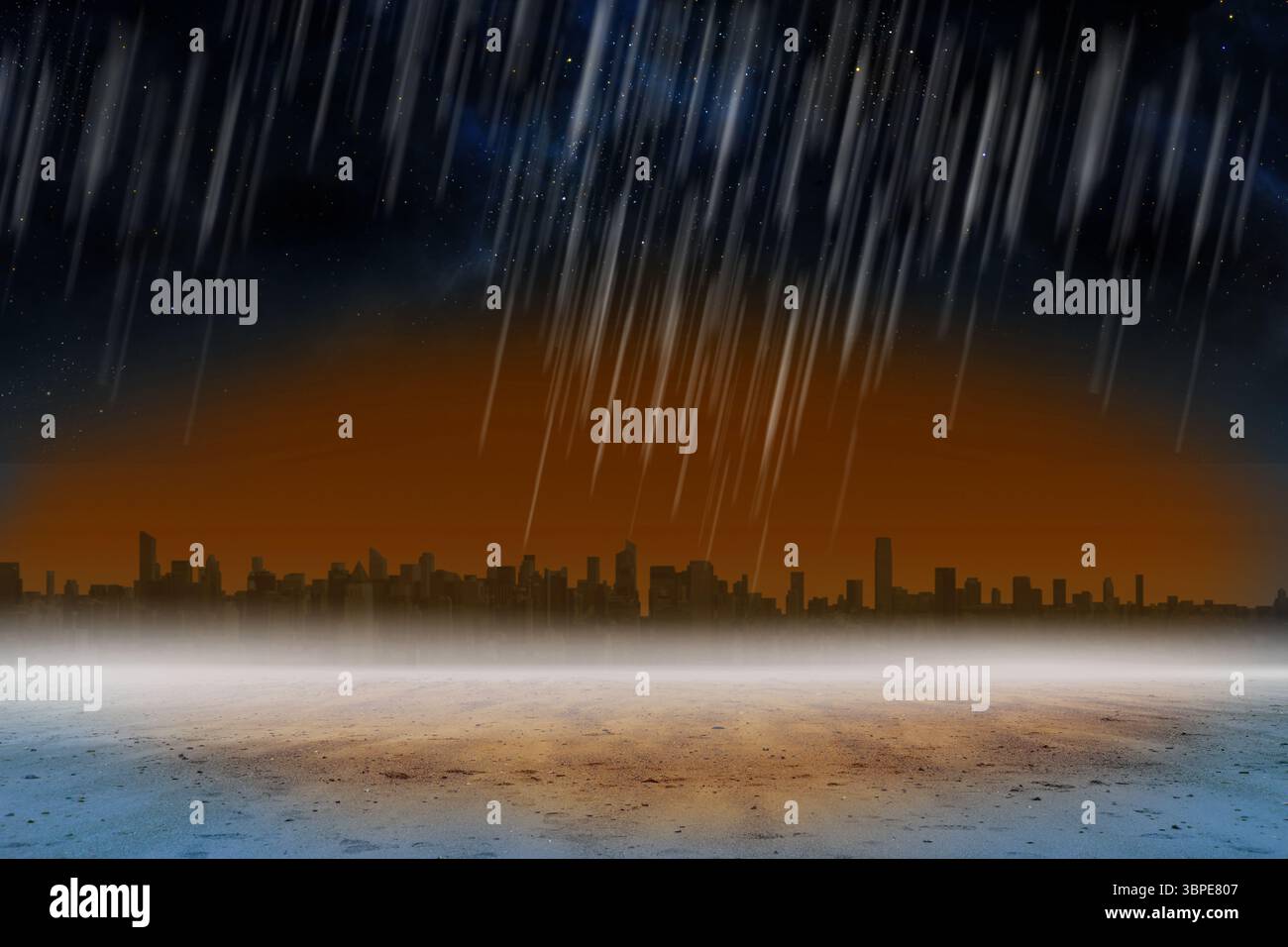La doccia Meteor presenta un design piatto su un cielo stellato e arido, con una silhouette urbana Foto Stock