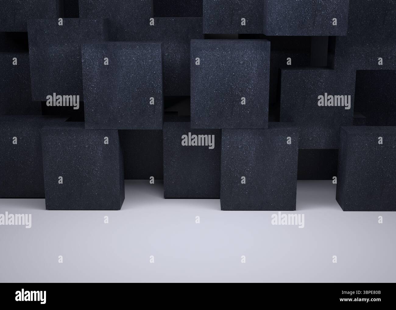 Il rendering 3D è caratterizzato da cubi a trama grigio antracite sfalsati che creano ombre morbide sul pavimento bianco Foto Stock