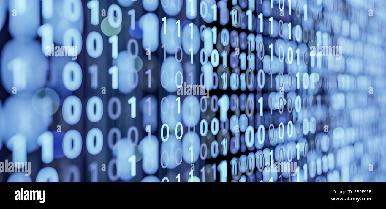 Sfocati brillanti e zeri, simboleggiano dati riservati, sicurezza digitale, reti sicure, apprendimento automatico, infrastruttura IT, software innova Foto Stock