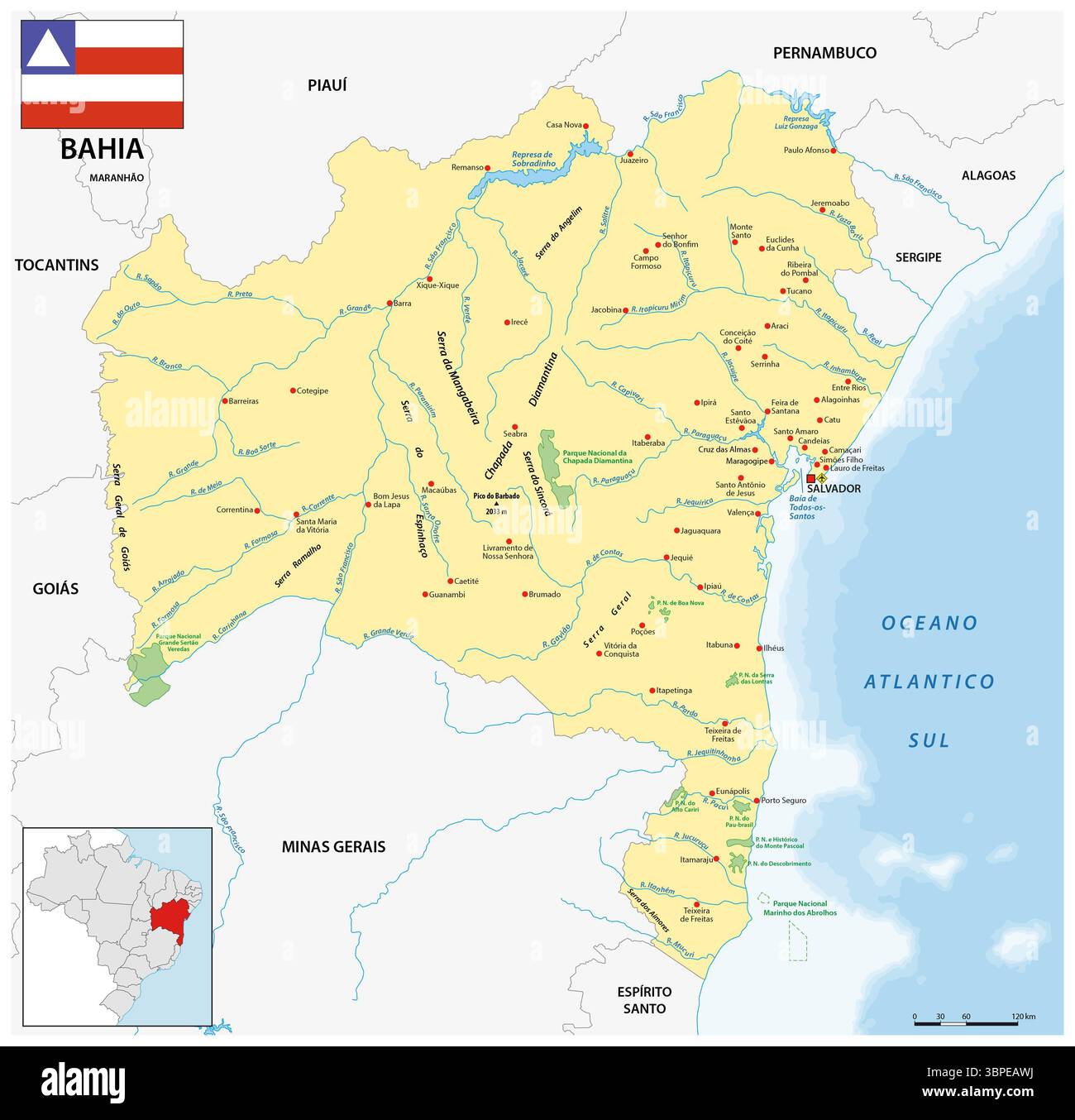 Mappa panoramica di Bahia, Brasile Foto Stock