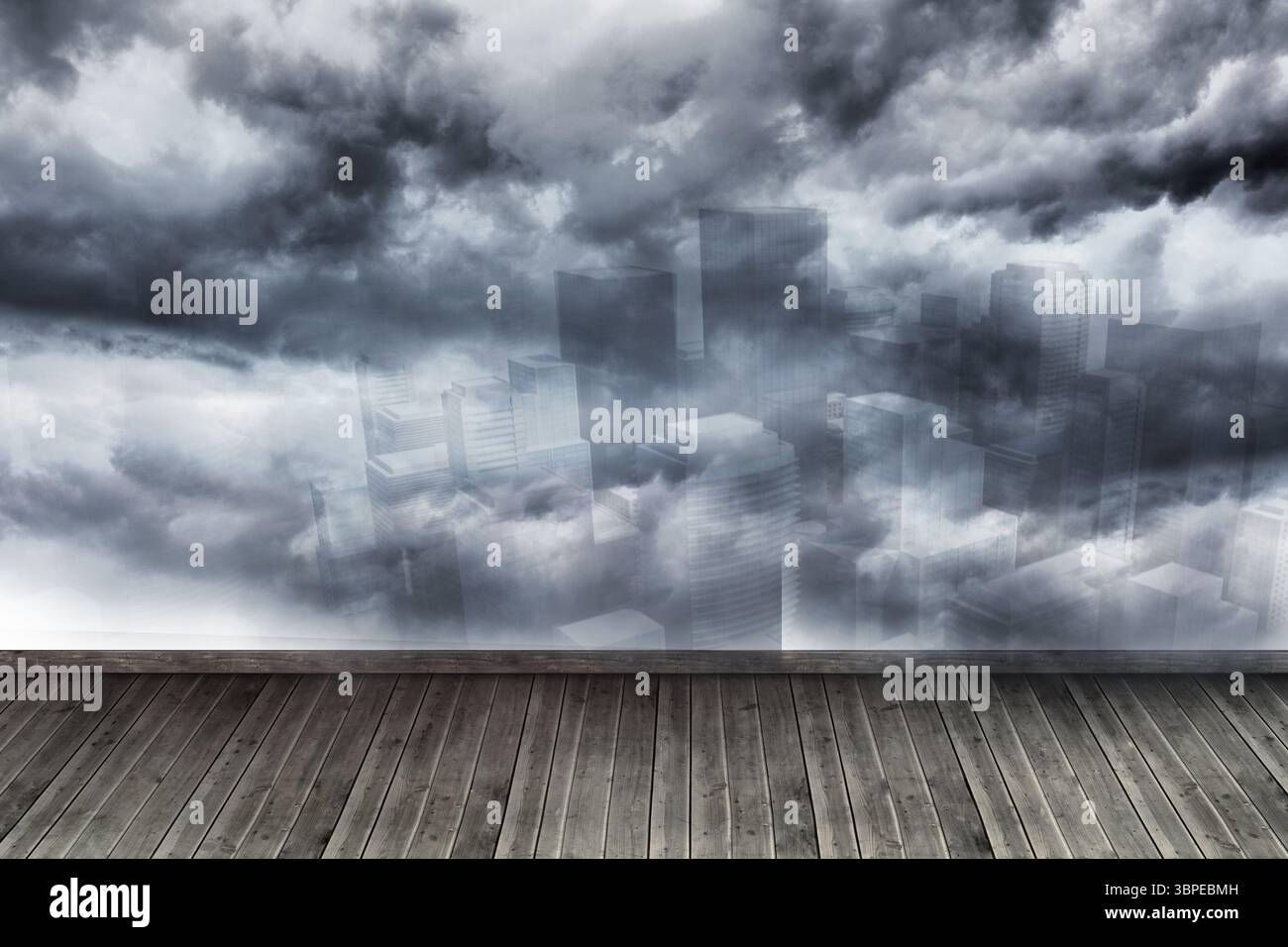 Il pavimento in legno è esposto all'interno di una galleria di design piatto, con un murale di tempesta Foto Stock