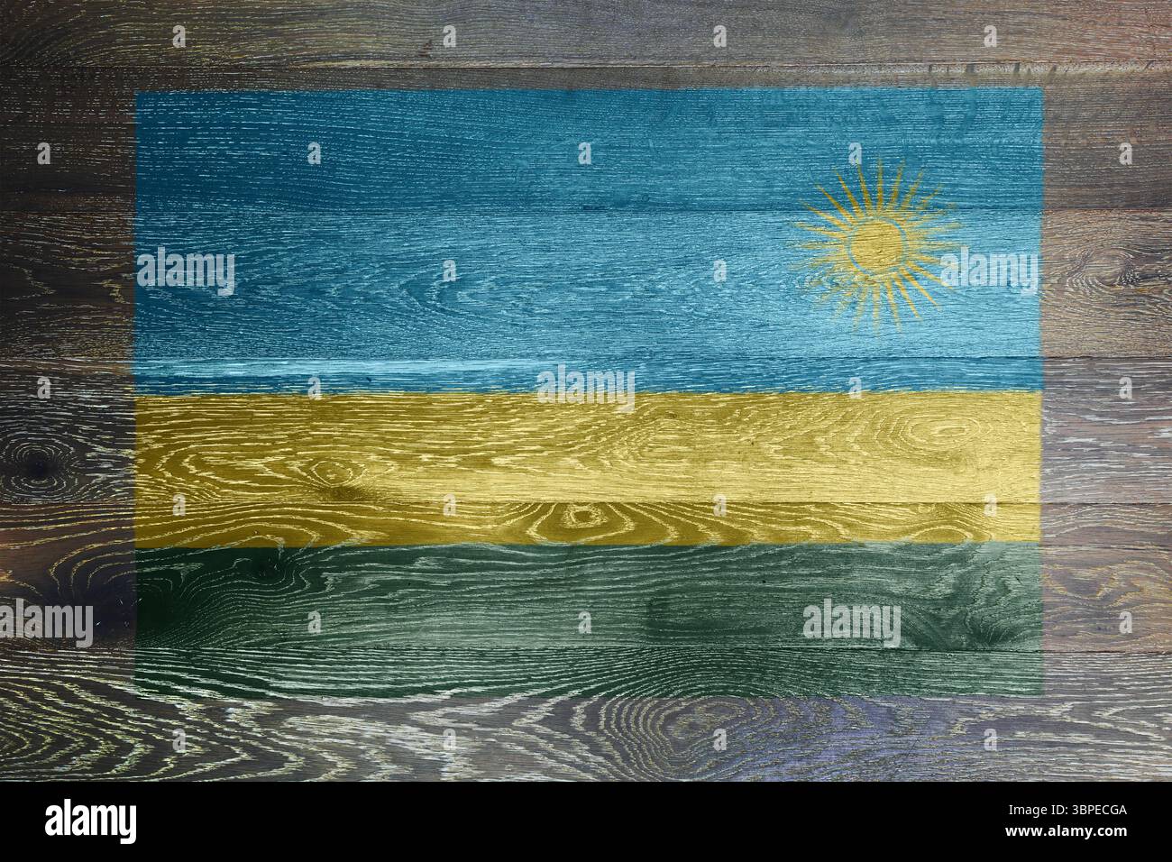 Bandiera del Ruanda su fondo rustico in vecchio legno Foto Stock