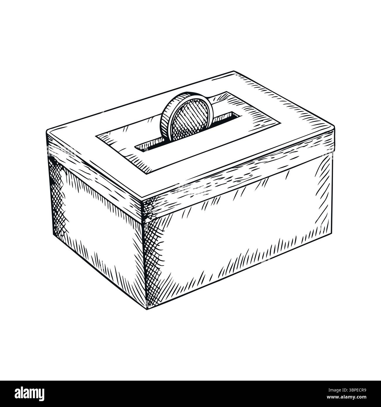 Uno schizzo disegnato a mano di una casella elettorale con una fessura per la moneta in alto. La scatola è rettangolare con un design semplice, che simboleggia il voto e la democrazia. Illustrazione Vettoriale