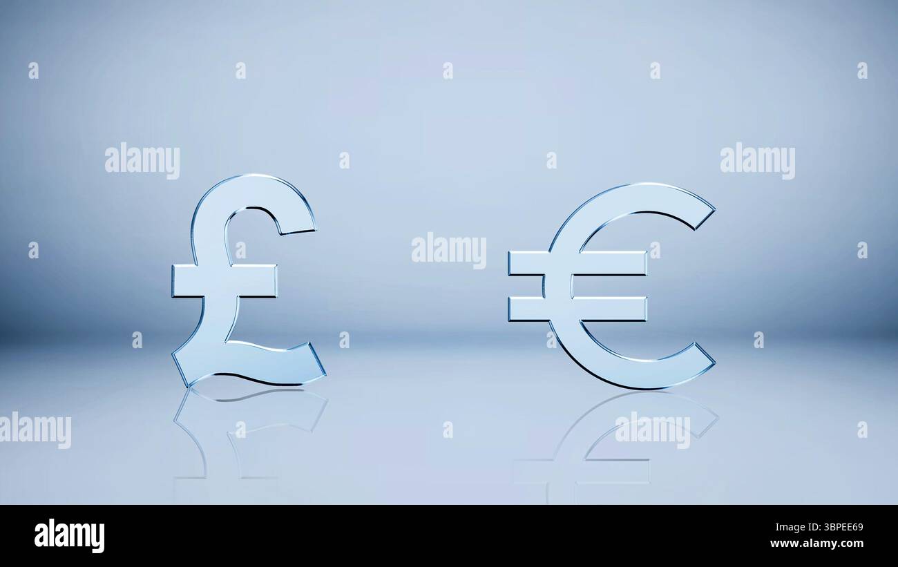 segno 3d della sterlina (gbp) e dell'euro in uno sfondo isolato. Concetto di business e tasso di cambio dell'euro e della sterlina sul mercato Foto Stock